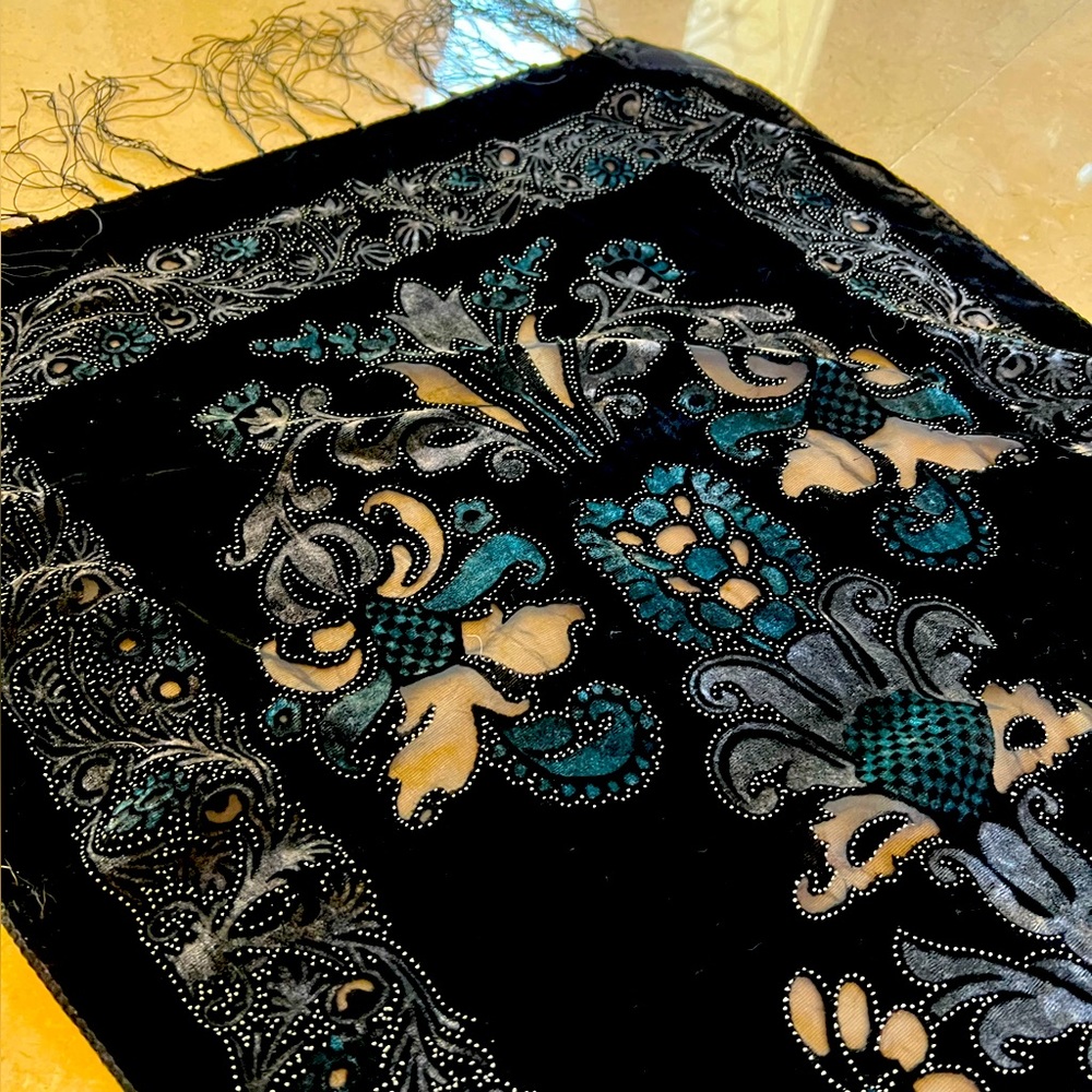 Black and teal velvet scarf from Italy